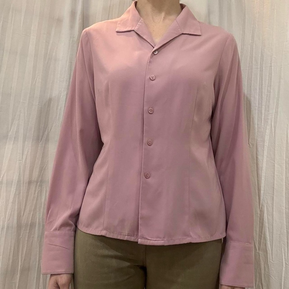 Dusty Pink Button Down Blouse Vintage 90s Roll Up Long Sleeves - Picture 3 of 8